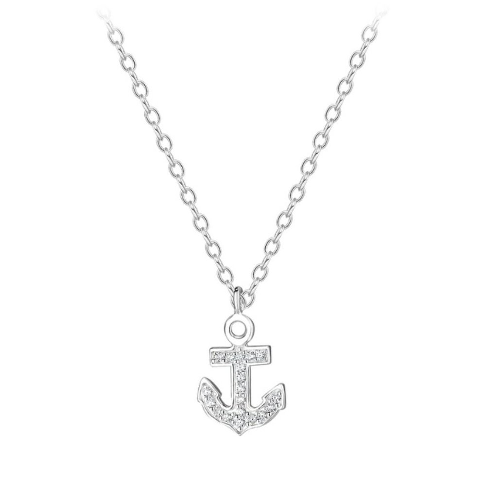 Sterling Silver Cubic Zirconia Anchor Necklace